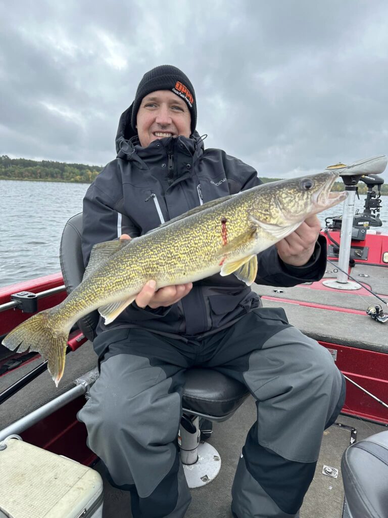 Client of Cass Lake Area Guide Service with a nice walleye on Cass Lake.